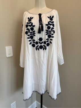 White Long-Sleeve Embroidered Dress with Navy Accents